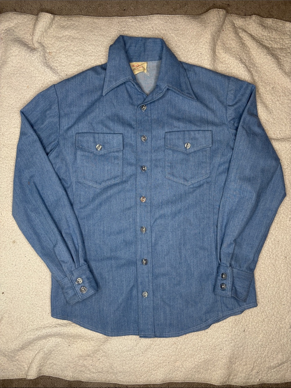 Vintage Hand Made By Sandy White Blue Heavyweight Button Down Shirt: Size Large